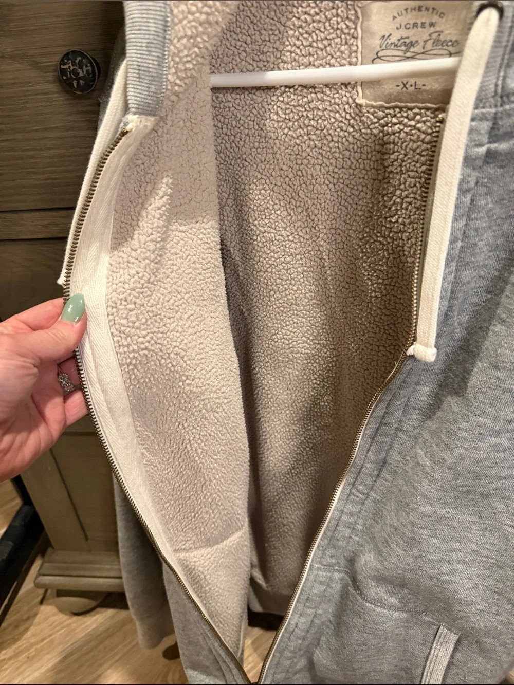 J. Crew Men's Light Gray Zip-Up Hoodie with Cream Sherpa Lining